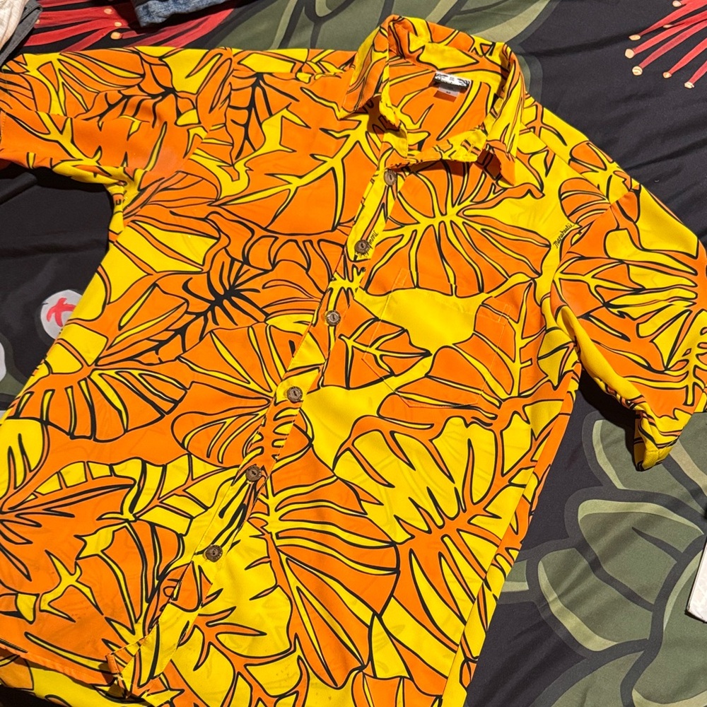 Manuhealii Orange and Yellow Leaf Print Shirt